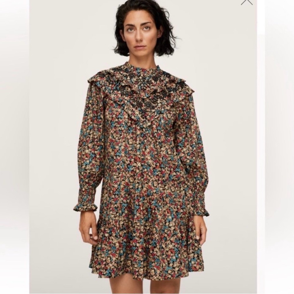 Mango Embroidered Floral Dress Boho Cottagecore Long Sleeve Ruffle Neck S NWT